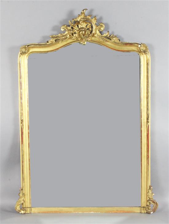 A late 19th century French giltwood and gesso overmantel, W.3ft 5in. H.4ft 9in.
